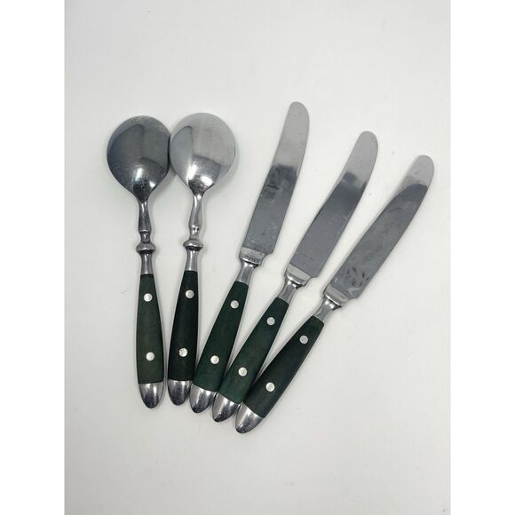 Hampton Silversmiths BISTRO GREEN Stainless 2 RIVETS 2 Table Spoons 3 Knives - Picture 7 of 8
